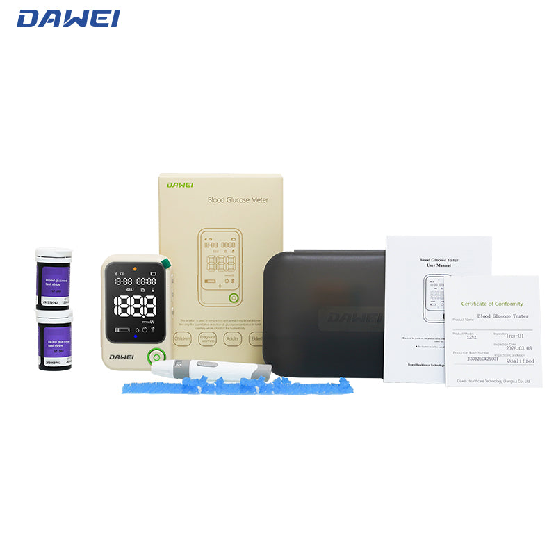 Blood glucose testing kit including meter, test strips and lancets