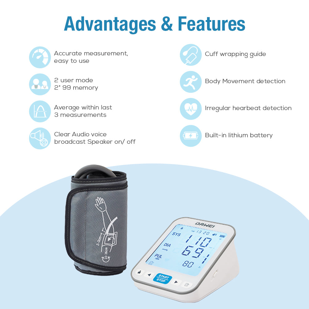 Upper Arm Blood Pressure Monitor BP Machine with Large Cuff 22-42cm for Home Use | DAWEI