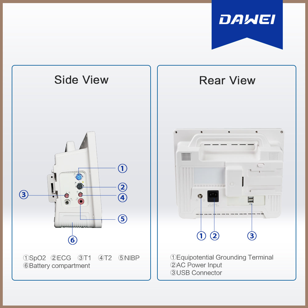 Dawei HM11 patient monitor side view and rear view