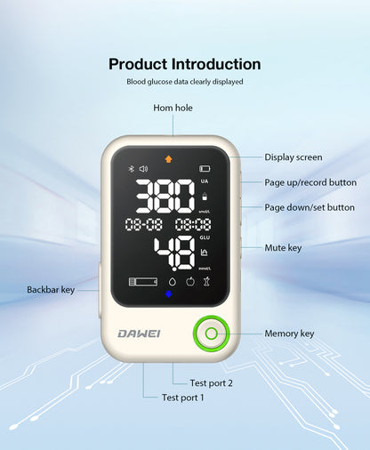 2-in-1 Blood Glucose & Uric Acid Meter for Home Testing | Dawei