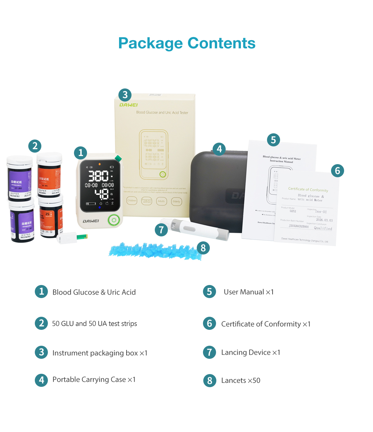 2-in-1 Blood Glucose & Uric Acid Meter for Home Testing | Dawei