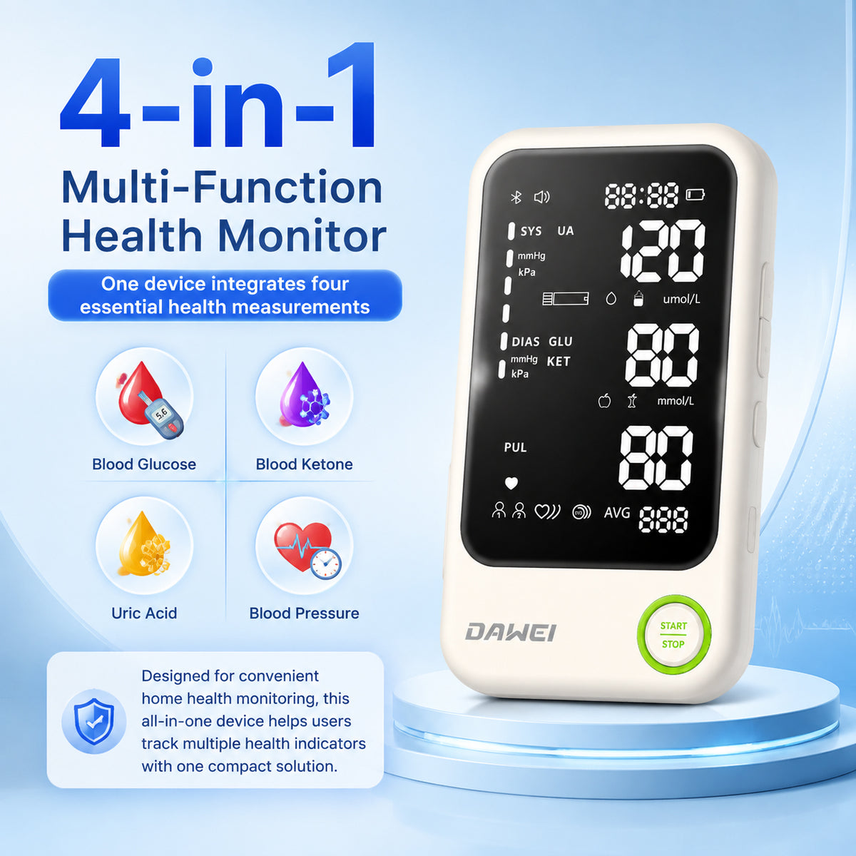 Smart 4-in-1 Health Monitor for Glucose, Ketone, Uric Acid & Blood Pressure | Dawei