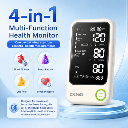 Smart 4-in-1 Health Monitor for Glucose, Ketone, Uric Acid & Blood Pressure | Dawei