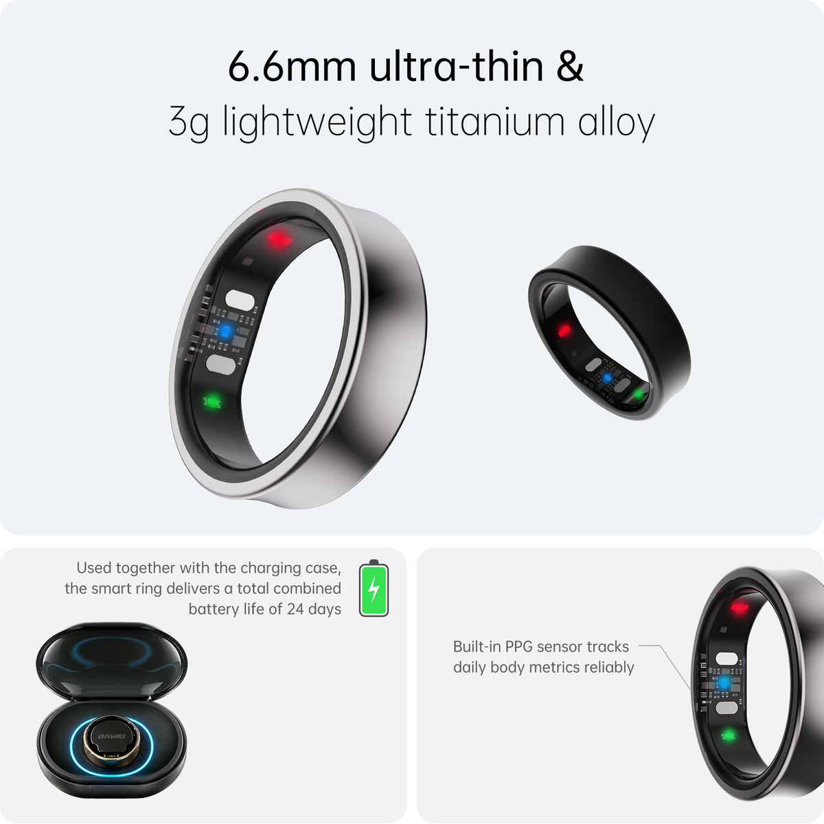 DWRing Smart Ring, Blood Oxygen, Pulse Rate & Sleep Tracker, IP68