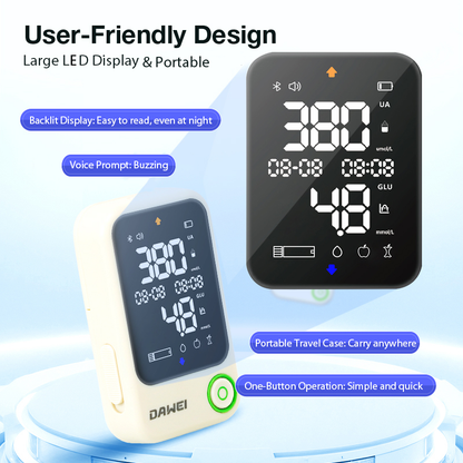 2-in-1 Blood Glucose & Uric Acid Meter for Home Testing | Dawei