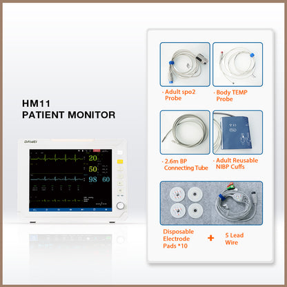 Dawei HM11 patient monitor with ECG cable, SpO₂ probe, NIBP cuff and accessories