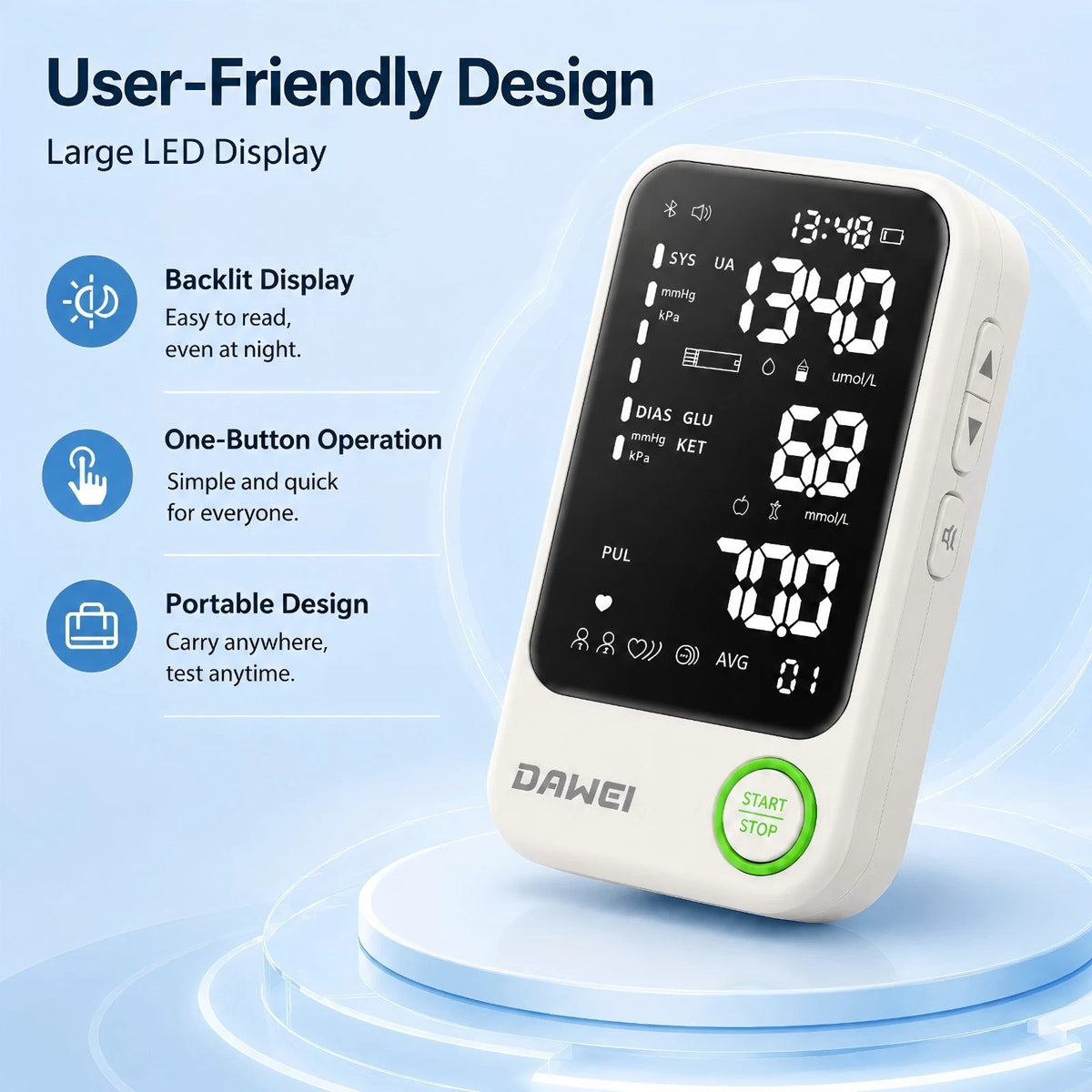 Smart 4-in-1 Health Monitor for Glucose, Ketone, Uric Acid & Blood Pressure | Dawei