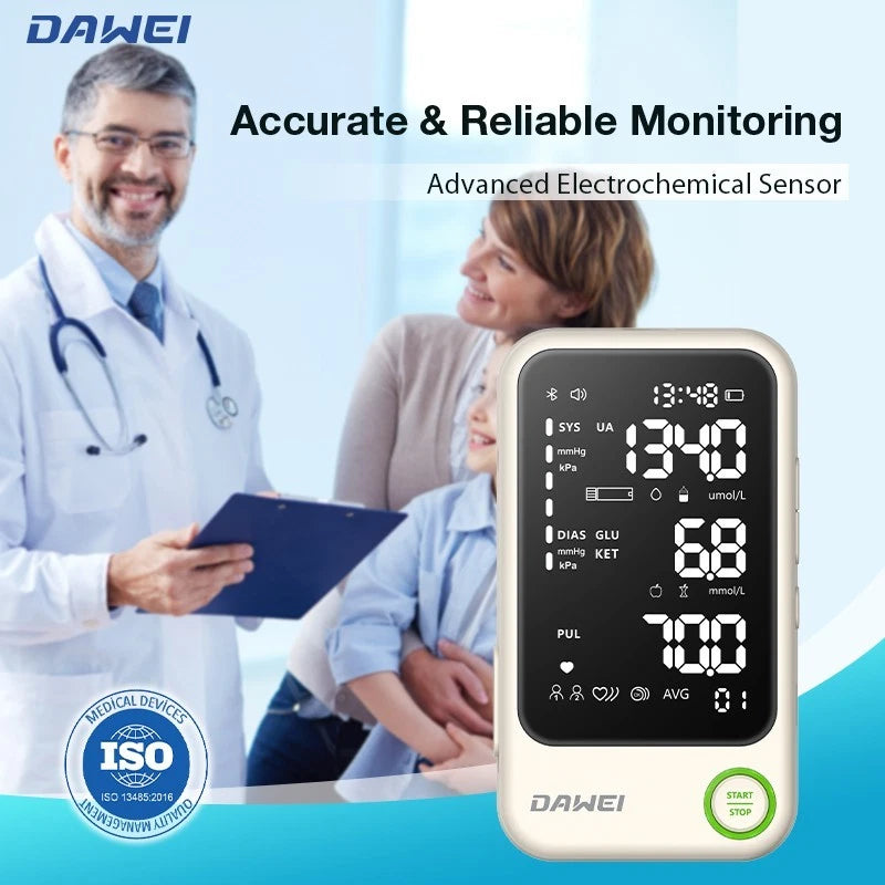 Smart 4-in-1 Health Monitor for Glucose, Ketone, Uric Acid & Blood Pressure | Dawei