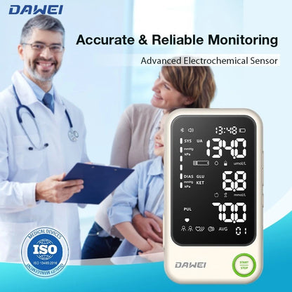Smart 4-in-1 Health Monitor for Glucose, Ketone, Uric Acid & Blood Pressure | Dawei