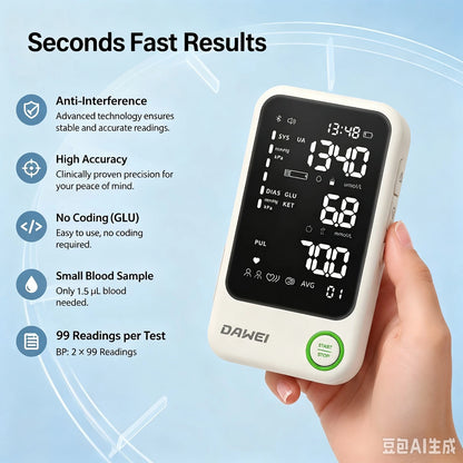 Smart 4-in-1 Health Monitor for Glucose, Ketone, Uric Acid & Blood Pressure | Dawei