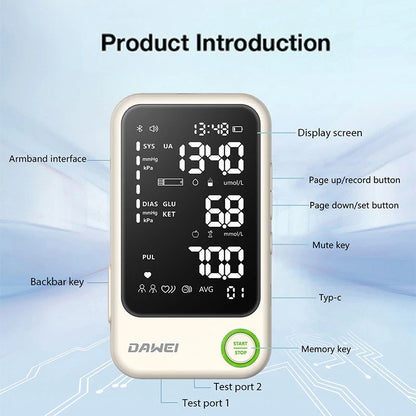 Smart 4-in-1 Health Monitor for Glucose, Ketone, Uric Acid & Blood Pressure | Dawei