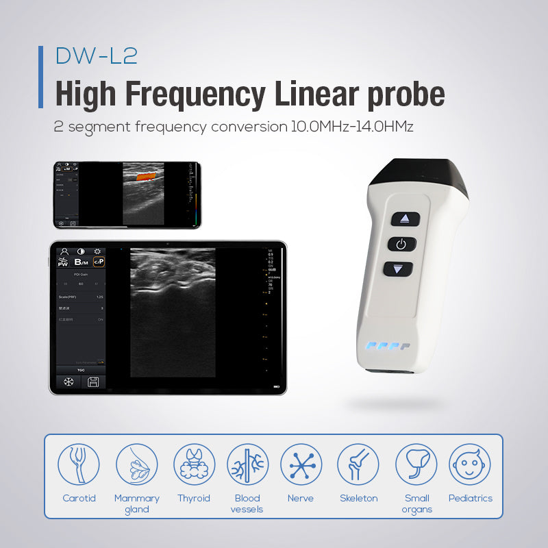 Sonda convexa lineal de doble cabezal de ultrasonido inalámbrico Doppler color DAWEI para escaneo de cuerpo entero 