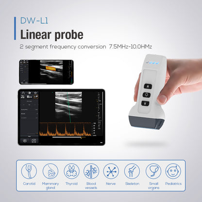 Sonda convexa lineal de doble cabezal de ultrasonido inalámbrico Doppler color DAWEI para escaneo de cuerpo entero 